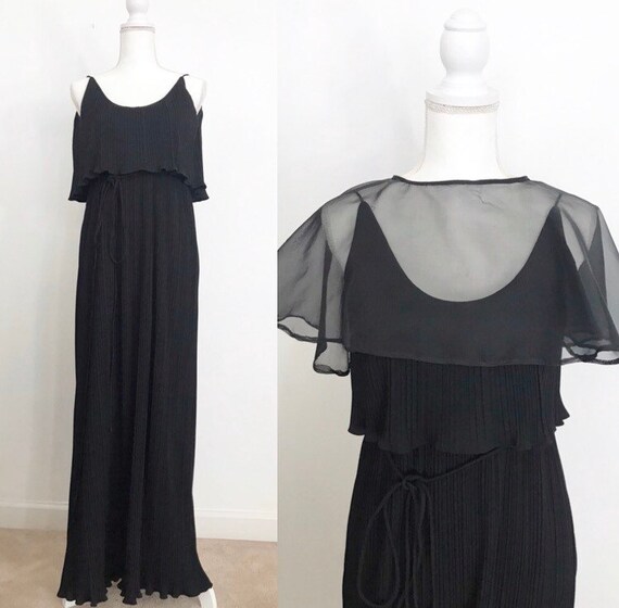 1970s Black Pleated Evening Gown with Sheer Cape … - image 1