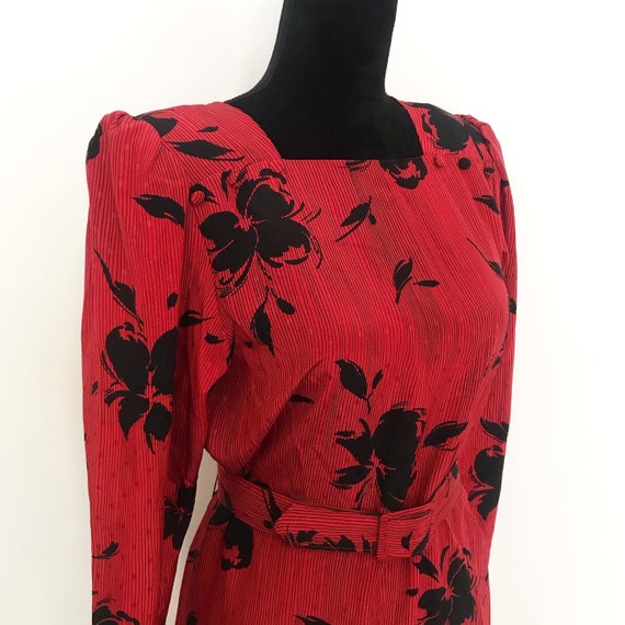 1980s Red Black Striped/Floral Print Long Sleeve … - image 2