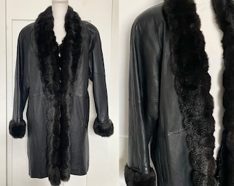 Vintage Black Leather Coat with Faux Fur Trim by Outer Town, XL/1XL