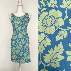 1990s Blue Green Floral Cotton Sheath Dress Size Small