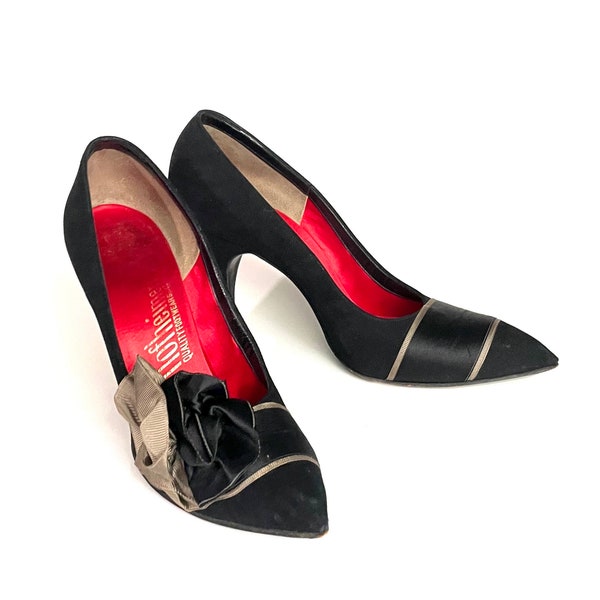 1950s Herbert Levine Black Suede Pointed Toe Pumps with Ribbon Bow, Size 5