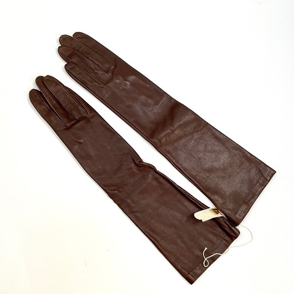 Deadstock Vintage MISS ARIS Brown Leather Silk Lined Long Winter Gloves, Size 6