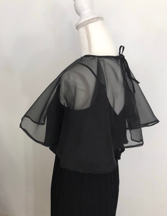 1970s Black Pleated Evening Gown with Sheer Cape … - image 3