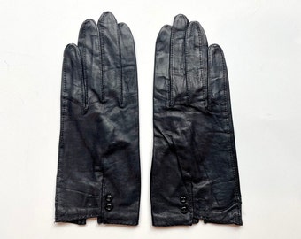 Vintage Black Leather Gloves with Silk Lining, Made in Japan, Size 6