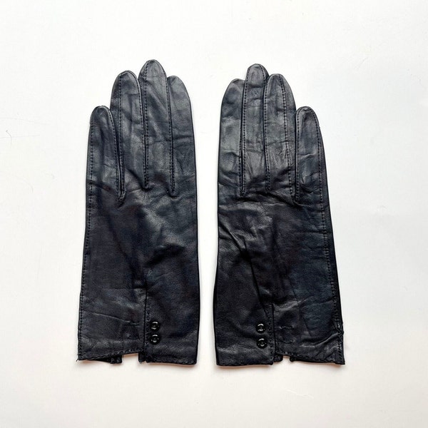 Vintage Black Leather Gloves with Silk Lining, Made in Japan, Size 6