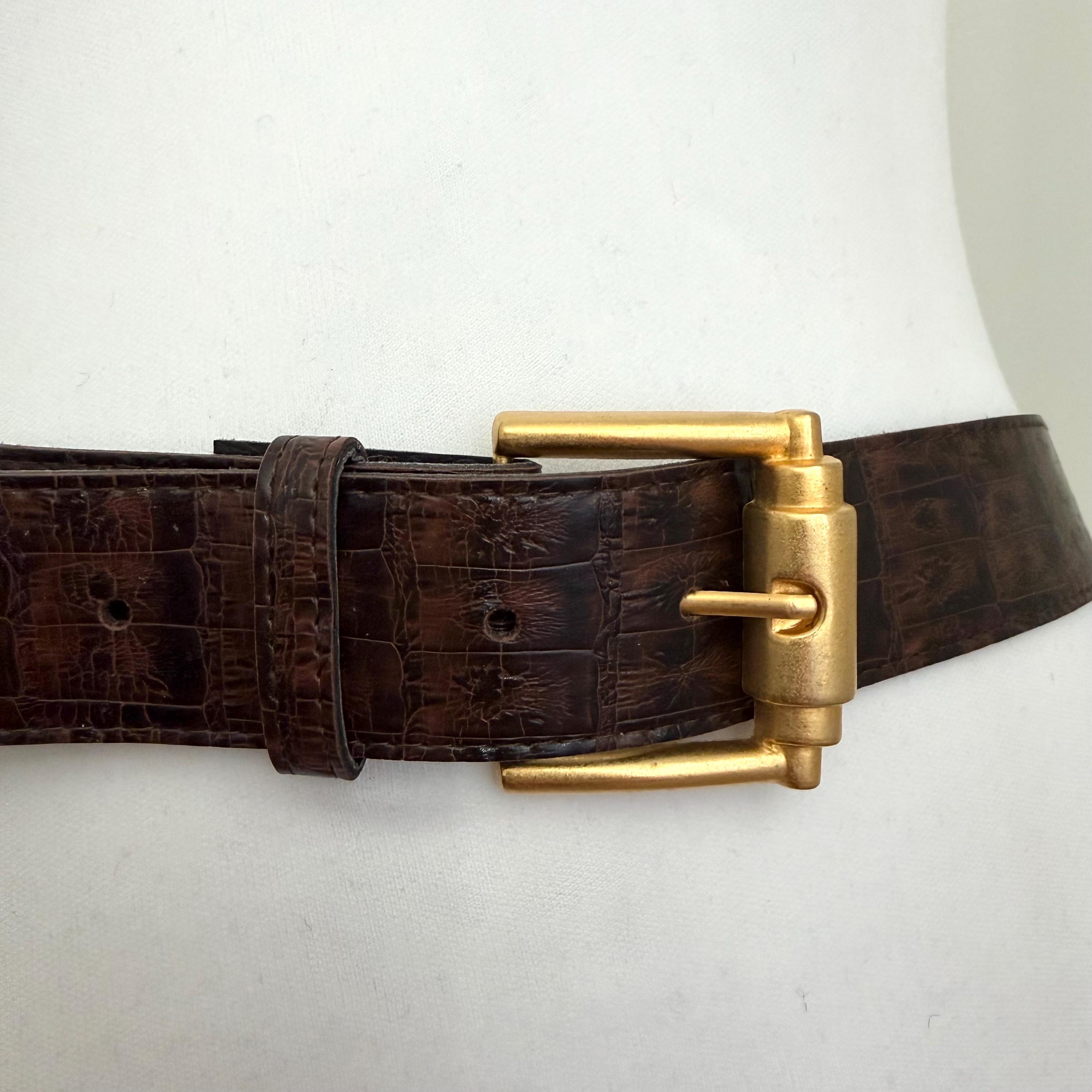 Vintage Brown Faux Crocodile Alligator Leather Belt Brass Buckle Tip Size 12 USA Crocodile Men main image 2