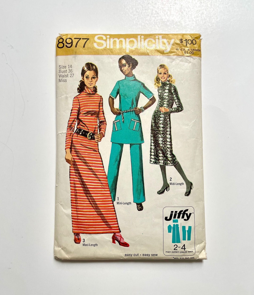 Simplicity 8977 Vintage 1970 Sewing Pattern - Size 14, Waist 27, Bust ...