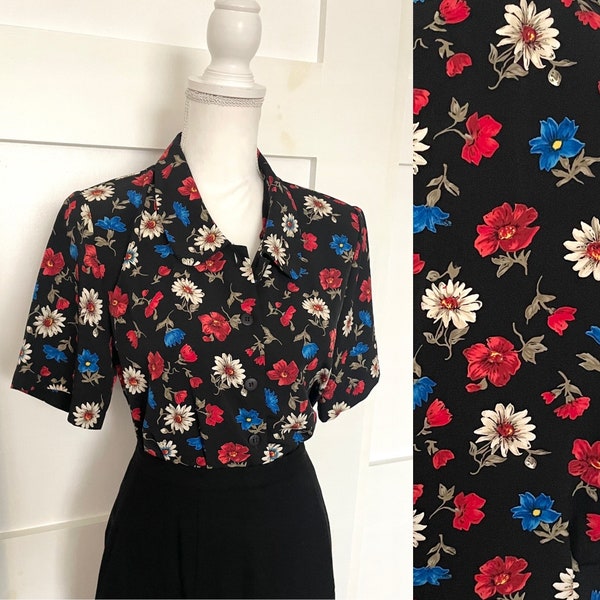 Vintage Floral Print Short Sleeve Button Down Blouse - Red White Blue Flowers, Size 10
