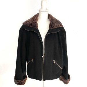Vintage BRAETAN Cropped Black Wool Jacket with Faux Fur Trim, Plus Size