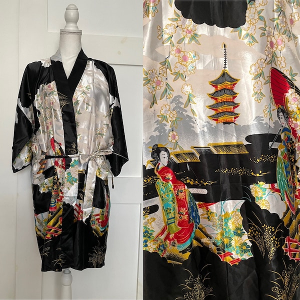 Satin Asian Theme Kimono Robe with Floral Geisha Print