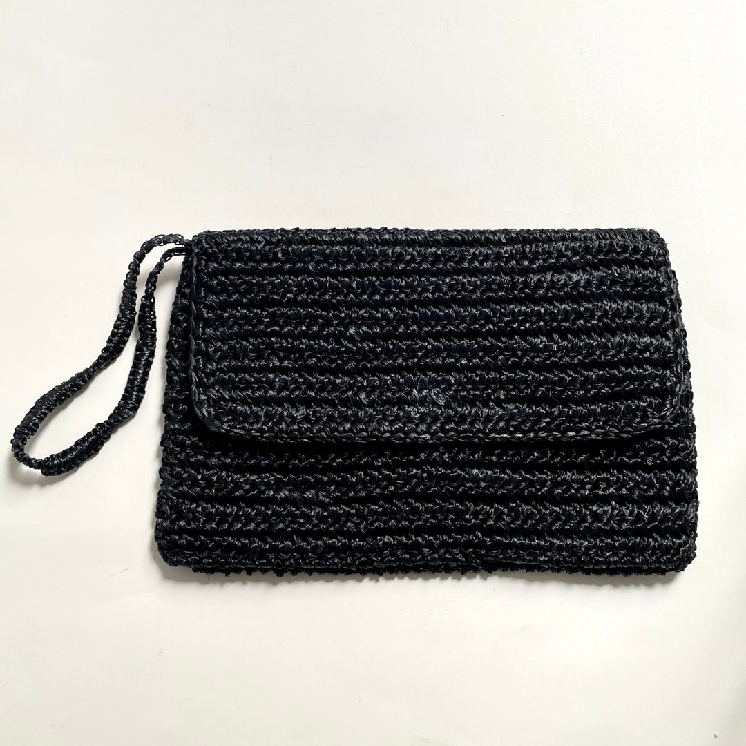Vintage Black Raffia Straw Envelope Clutch Bag With Wrist Strap - Etsy