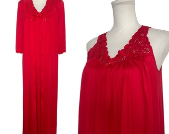 Vintage SHADOWLINE rött nylonset med 2 stycken nattlinne och morgonrock