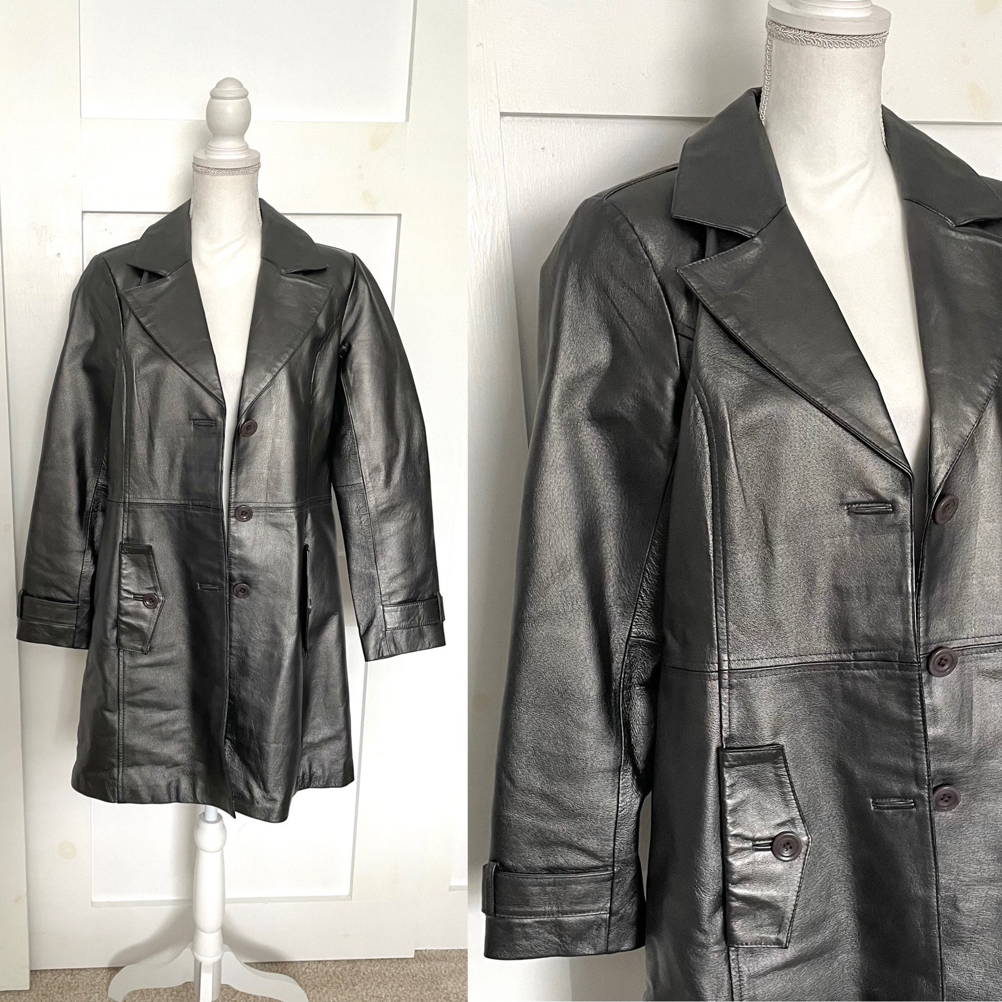 Vintage Metallic Gunmetal Gray Leather Trench Coat Jacket by