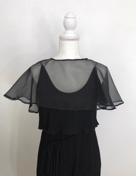 1970s Black Pleated Evening Gown with Sheer Cape … - image 4