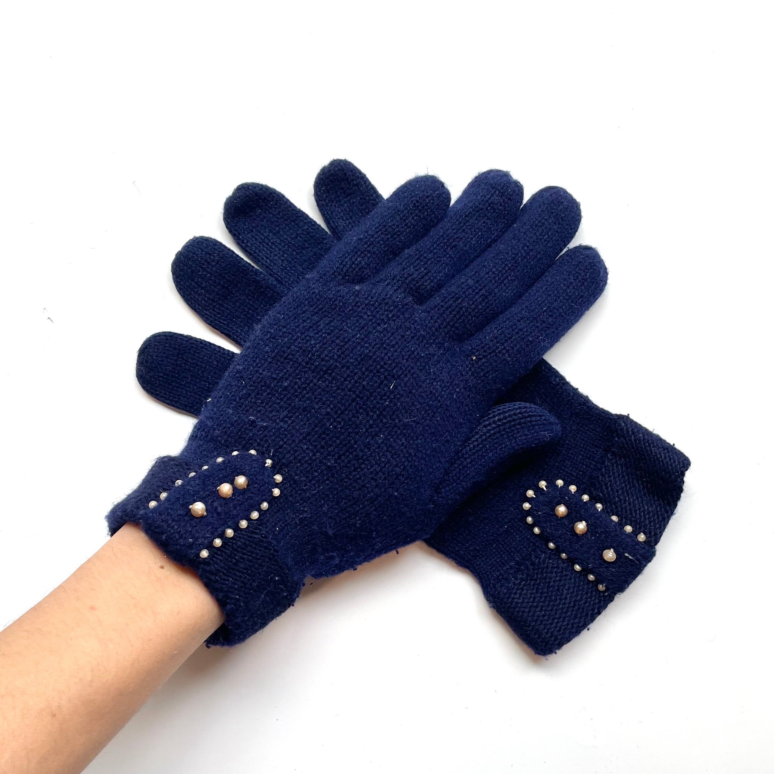 Vintage Navy Blue Knit Gloves with Decorative Faux Pearl Beads, Size 7