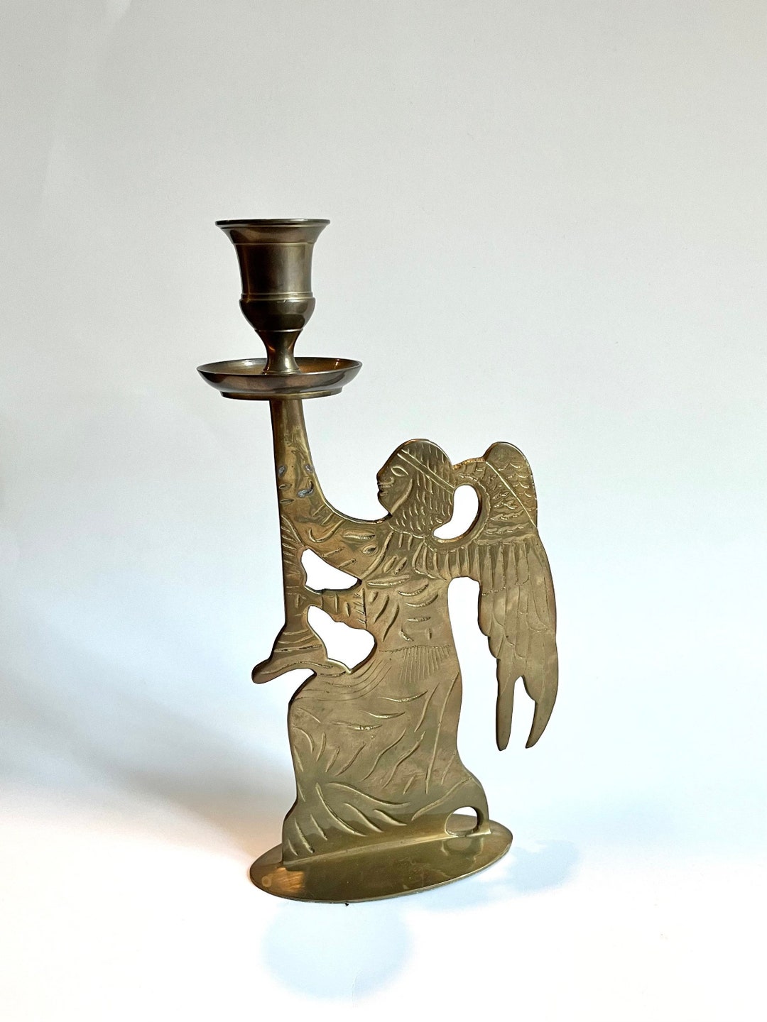 Vintage Carved Brass Angel Candlestick Holder Festive Etsy