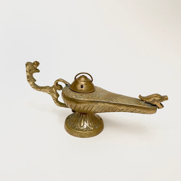 Vintage Brass Genie Lamp Incense Burner with Engravings and Carved Dragon Handle