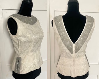 Vintage Couture Ivory Jacquard Sleeveless Top with Beading/Rhinestones, Size S/M