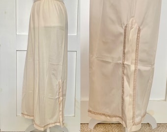 Vintage Beige Long Skirt Slip with Lace Detail by Komar, Elastic Waist