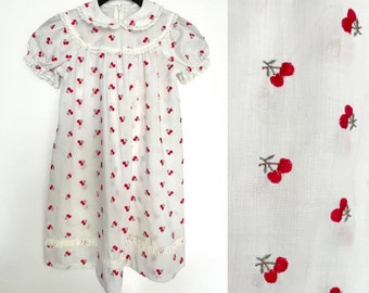 Vintage Little Girls White Short Sleeve Dress with Embroidered Red Cherries, Large