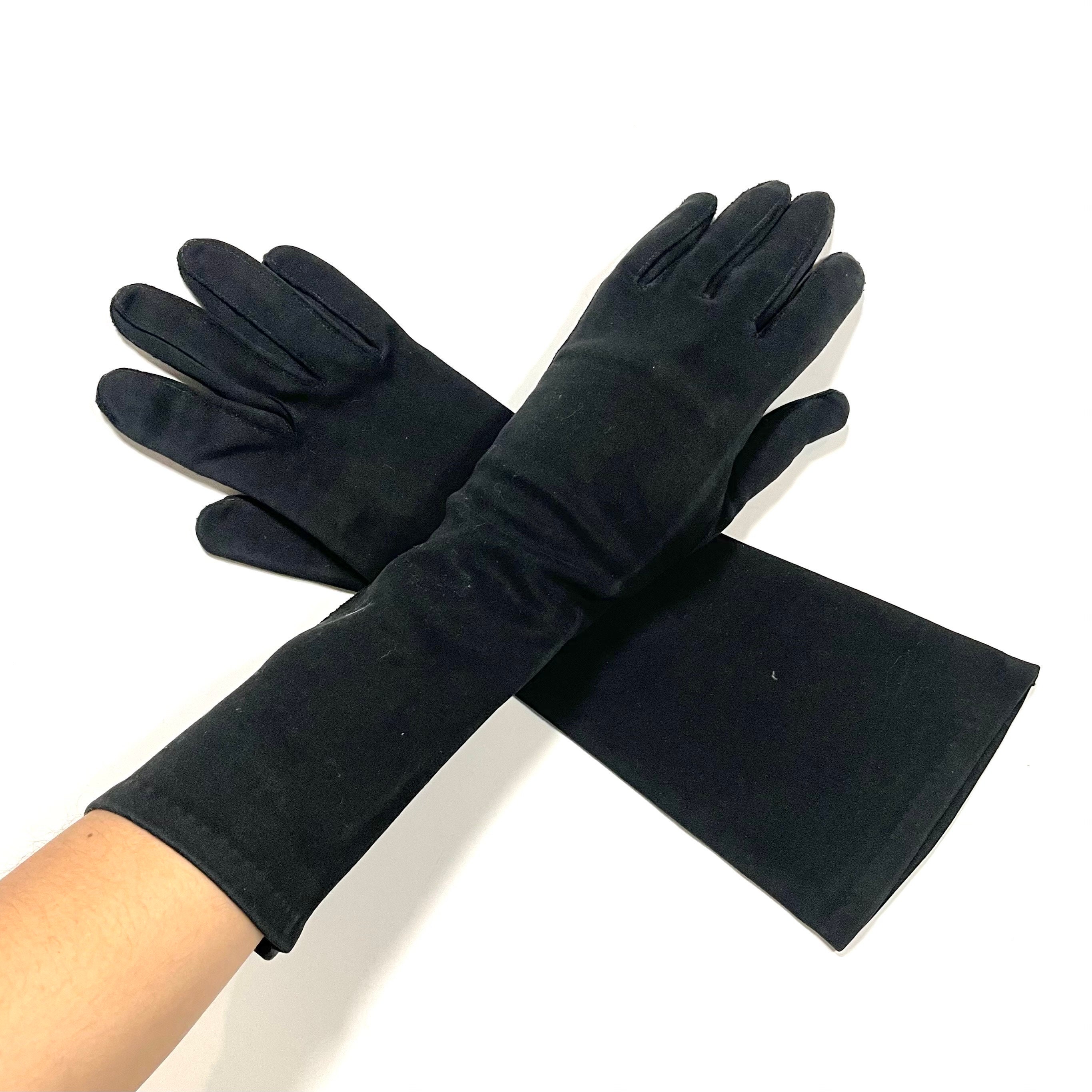 Vintage Black Long Forearm Gloves, Size 6.5