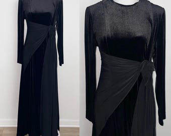 Vestido vintage de terciopelo negro con nudo en la cintura y manga larga con estampado de rosas de Raza, talla pequeña