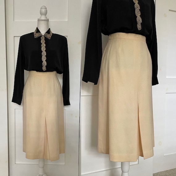 Vintage Cream Wool High Waist Skirt with Front Ac… - image 1