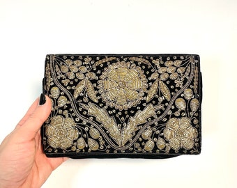 1960s Indian Zardozi Beaded Black Velvet Clutch Bag Purses