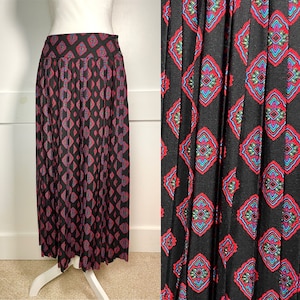 Vintage Black Pleated Liz Claiborne Skirt with Colorful Medallion Pattern, 29&quot; Waist