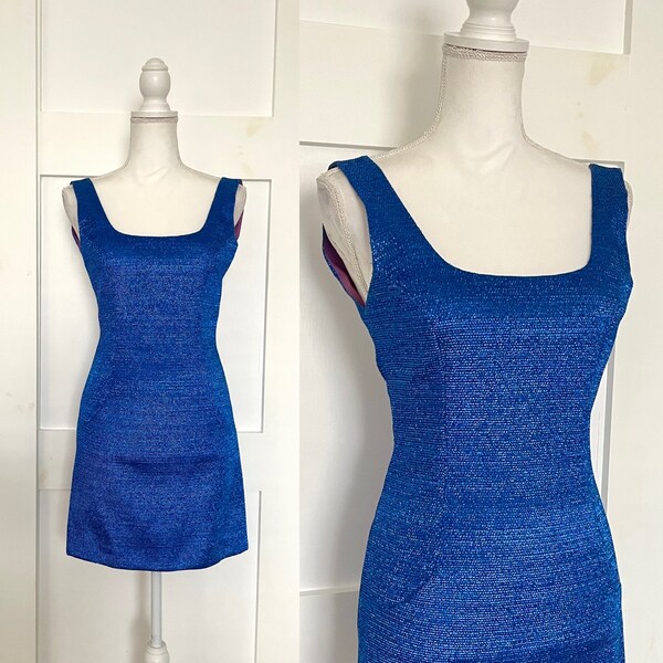 Vintage 1990s Metallic Cobalt Blue Mini Dress by Nadine, Size XXS/XS