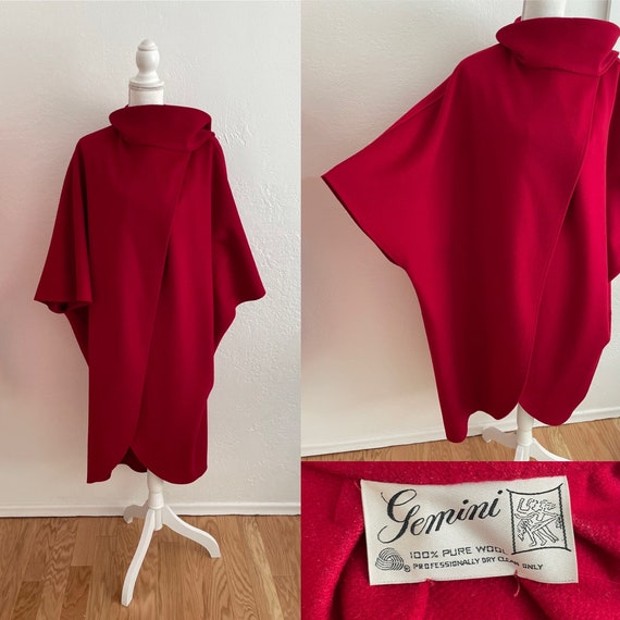 1970s Vintage GEMINI Red Wool Cocoon Wrap Heavy C… - image 1