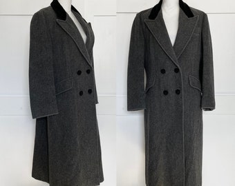 Cappotto vintage in tweed grigio misto lana anni '80 con colletto in velluto nero di Loring, taglia Large/XL