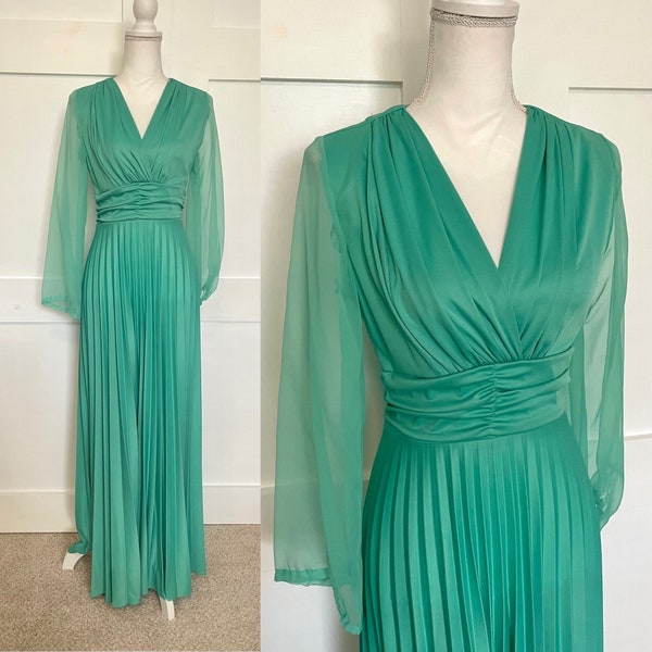 Vintage Turquoise Floor Length Pleated Maxi Dress with Sheer Long Sleeves, Ruching Details