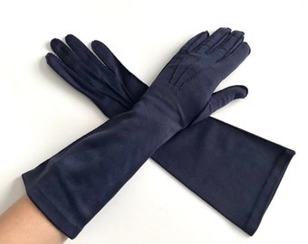 Vintage Van Raalte Dark Navy Blue Nylon Long Gloves, Size 6