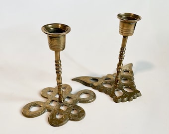 Vintage Brass Metal Engraved Base Candlestick Holders, Butterfly, Eternity Knot - Sold Separately
