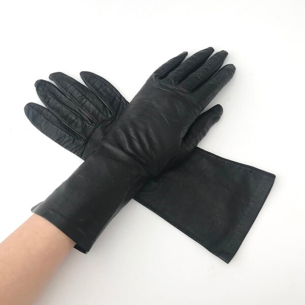 Vintage Black Italian Leather Forearm Gloves with Silk Lining - Size 6.5/7