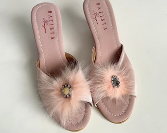 Pink Boudoir Mule Slipper Wedges with Feathers by Batista Lingerie Size 37 (6.5 US)