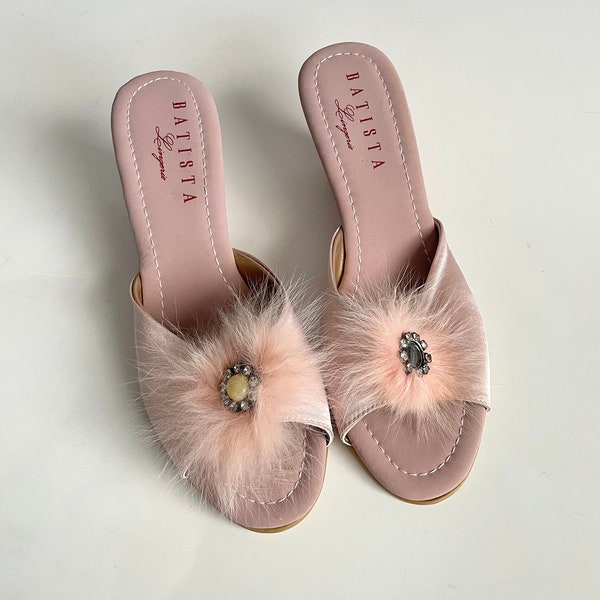 Pink Boudoir Mule Slipper Wedges with Feathers by Batista Lingerie Size 37 (6.5 US)