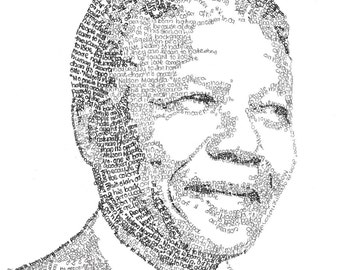 Nelson Mandela retratos hechos a mano utilizando palabras de citar de la "Larga caminata a la libertad" sobre el amor