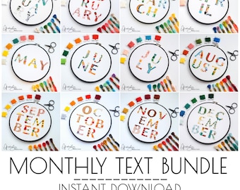 Monthly Text BUNDLE - PDF Digital Download Embroidery Pattern & Guide