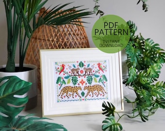 Jungle Leopard Folk Art Scene - PDF Digital Download Cross Stitch Pattern & Guide