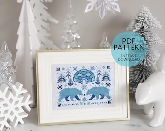 Winter Polar Bear Folk Art Scene - PDF Digital Download Cross Stitch Pattern & Guide