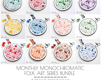 Monochromatic Folk Art Series BUNDLE - PDF Digital Download Embroidery Pattern & Guide