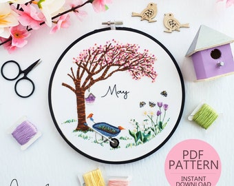 MAY Monthly Series Wreath Embroidery Pattern & Guide - DIY Digital Download - PDF Pattern, May Embroidery, Monthly Embroidery Series