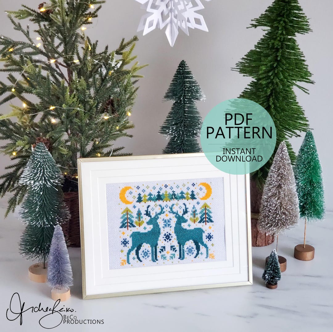 Winter Deer Folk Art Scene - PDF Digital Download Cross Stitch Pattern ...
