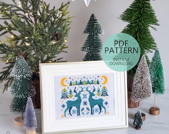 Winter Deer Folk Art Scene - PDF Digital Download Cross Stitch Pattern & Guide