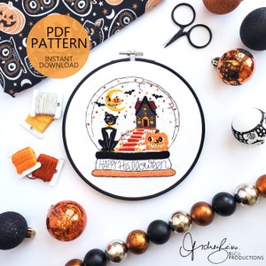 Retro Halloween Snow Globe Embroidery Pattern & Guide, PDF Digital Download (BeCoProductions) Vintage Halloween, Halloween Embroidery