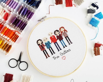 CUSTOM Family Cross Stitch Portrait - Anniversary Gift  - Cotton Gift - Mothers Day - Christmas Gift - Birthday Present - Wedding Present