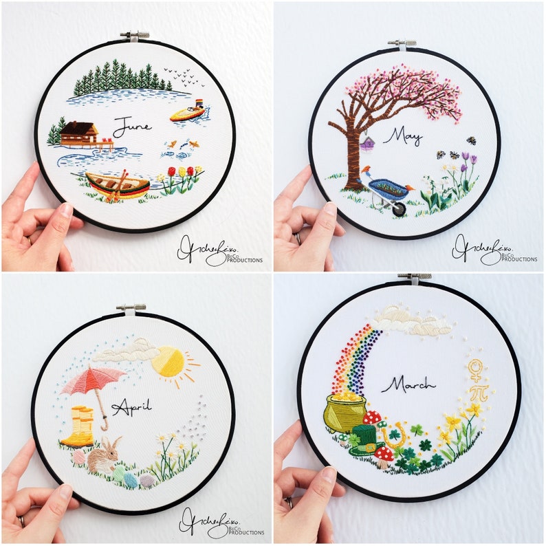 BUNDLE - Monthly Series Wreath Embroidery Pattern &amp; Guide - January to December - Monthly Series ...