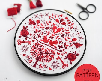 FEBRUARY Monthly Monochromatic Folk Art Inspired Series Embroidery Pattern & Guide - DIY Digital Download, PDF Pattern (BeCoProductions)